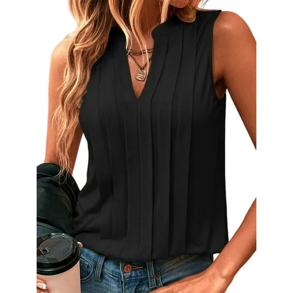 Sleeveless Shirts for Womens Fashion 2025 Basic Tank Tops Pleated Drape Dressy Tops Summer Outfits Black XXL