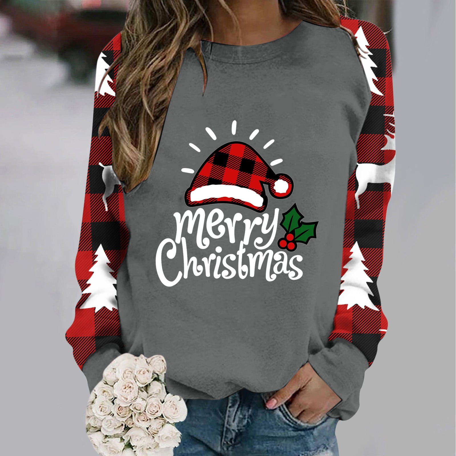 Women Christmas Pullover Good Morning X-MAs Reindeer Letter Pattern Printing Holiday Raglan Top Long Sleeve Sweatshirt 