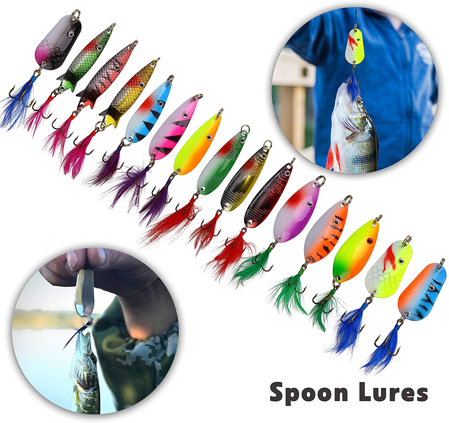 Metal Spinner Fishing Lures Kit Rooster Bait Tail,30pcs Metal Spoon Lures with Feathered Treble Hooks for Bass Walleye Trout Freshwater Saltwater