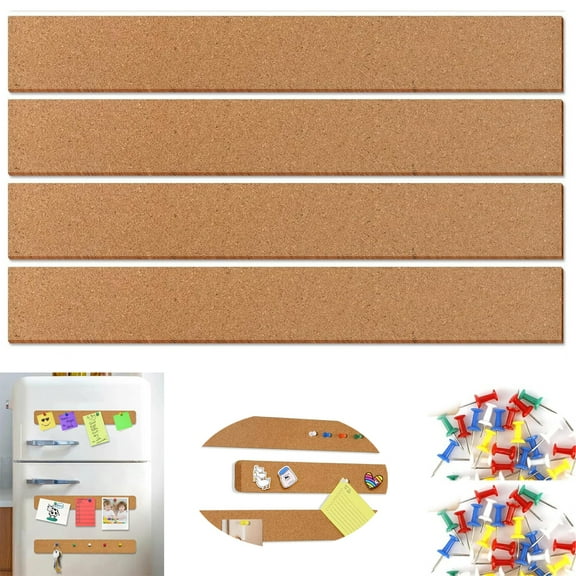 Tutuviw 4Pcs Cork Board Bar Strips for Wall,15x2inch Self Adhesive Thick Bulletin Bar Strips with 20 Push Pins,Natural Frameless Cork Board Strips for Paste Notes,Photos,Announcements-No Damage