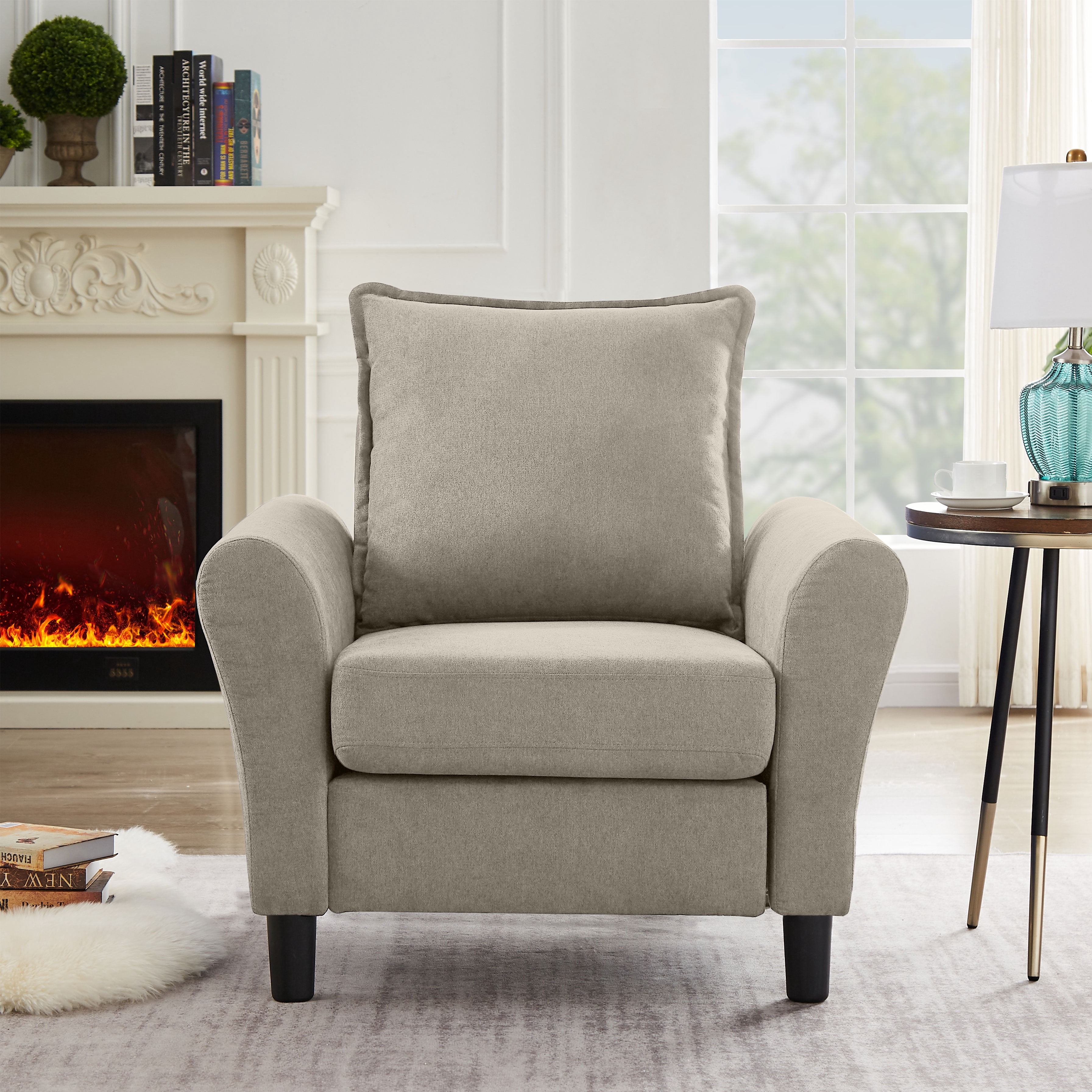 Pingliang Home Linen Fabric Accent Chairs, Mid Century Modern Armchair, Upholstered Comfy Single Sofa 1 Seat Sofa for Living Room, Apartment, Bedroom,Small Space Studio Office,Beige