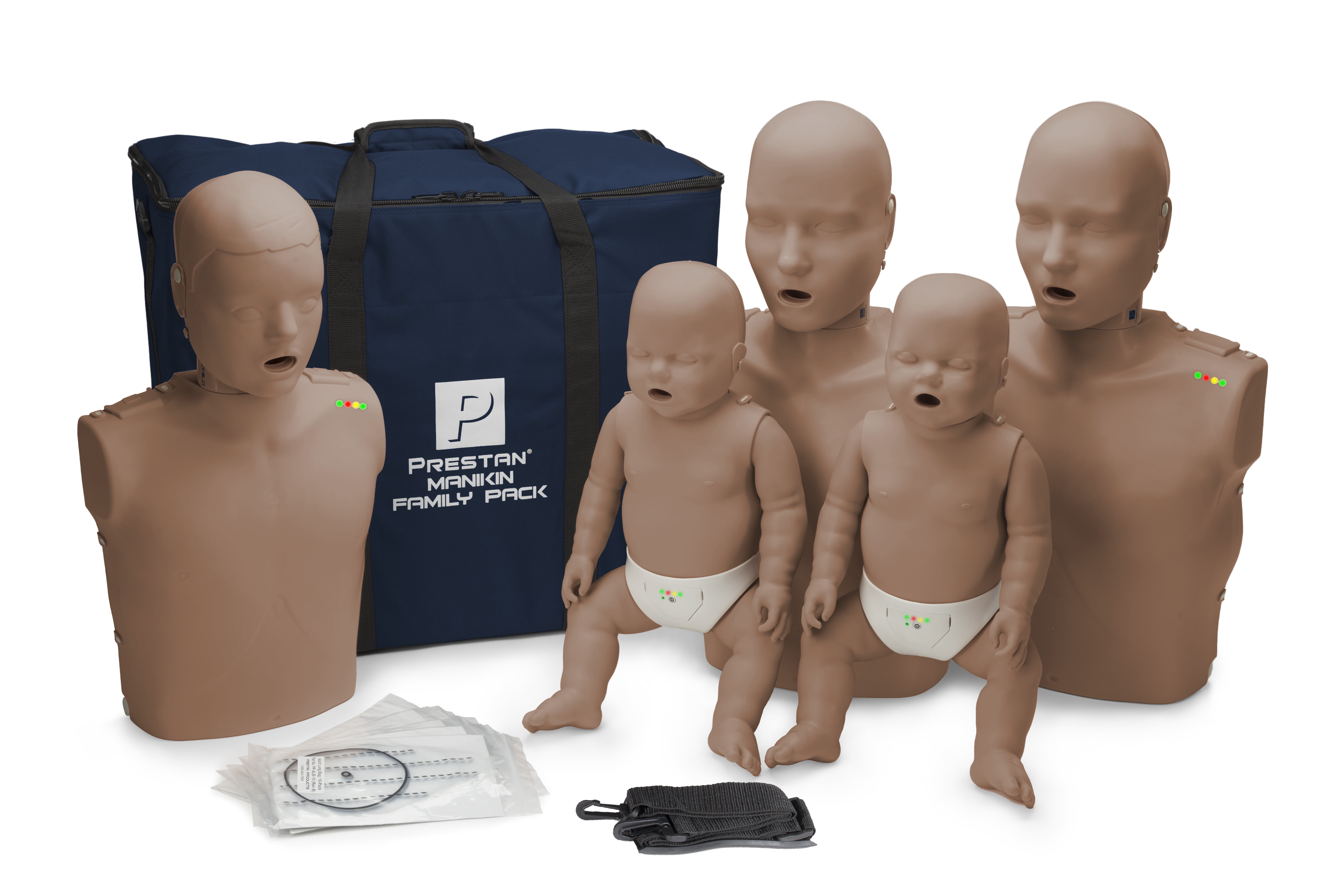 PRESTAN PRODUCTS Prestan Family Pack including 2 Adult Manikins, 1 Child Manikin and 2 Infant Manikins with CPR Monitors and Dark Skin Tone PP-FM-500M-DS