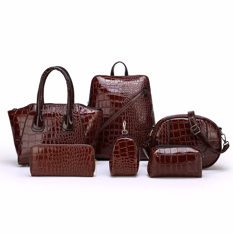 brown, variant on 6pcs Set PU Minimalist Crocodile Embossed Women's Bag Set, High Cost Performance, Includes: Backpack, Tote Bag, Shoulder Bag, Clutch, Keybag, Wallet