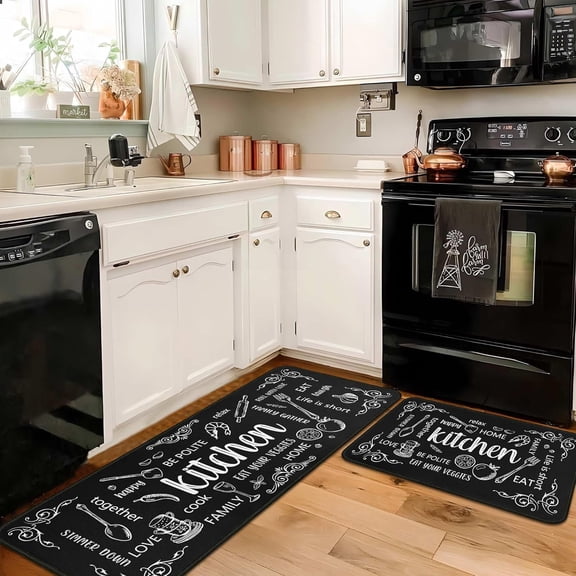 Black and White Kitchen Rugs and Mats Sets of 2, Non Skid Washable Absorbent Microfiber Farmhouse Kitchen Mat for Runner Hallway Doormat Bathroom 17"x 47" 17"x 30"