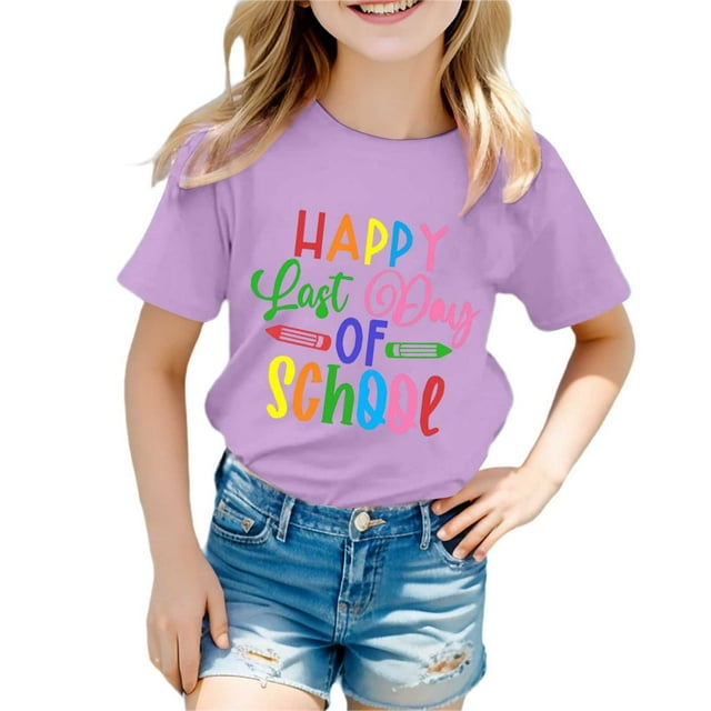 LUOGENLI T-Shirt pour Filles T-Shirt Imprimé à Col Rond à Manches Courtes pour Garçons et Filles Chemises pour Filles Longueur Midi Jean Violet 3-4 Ans
