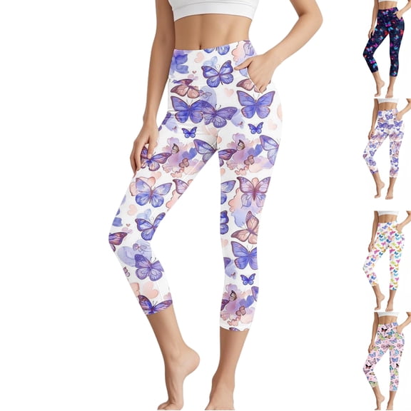 LEKWK Womens Capri Leggings Print High Waisted Side Pockets Yoga Pants with Pockets Soft Stretchy Running Leggings Gym Workout Casual Summer Bottoms