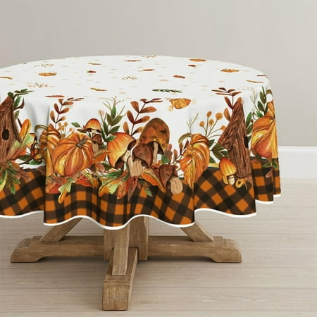 

Fall Tablecloth 60x60 Inch Round Thanksgiving Autumn Harvest Pumpkin Mushroom Orange Buffalo Plaid Table Cover for Party Picnic Dinner Decor