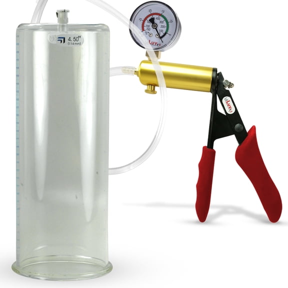 LeLuv Ultima Penis Pump, Brass w/ Red Handle, Silicone Grip, Clear Hose Gauge | 12" x 4.50" Cylinder