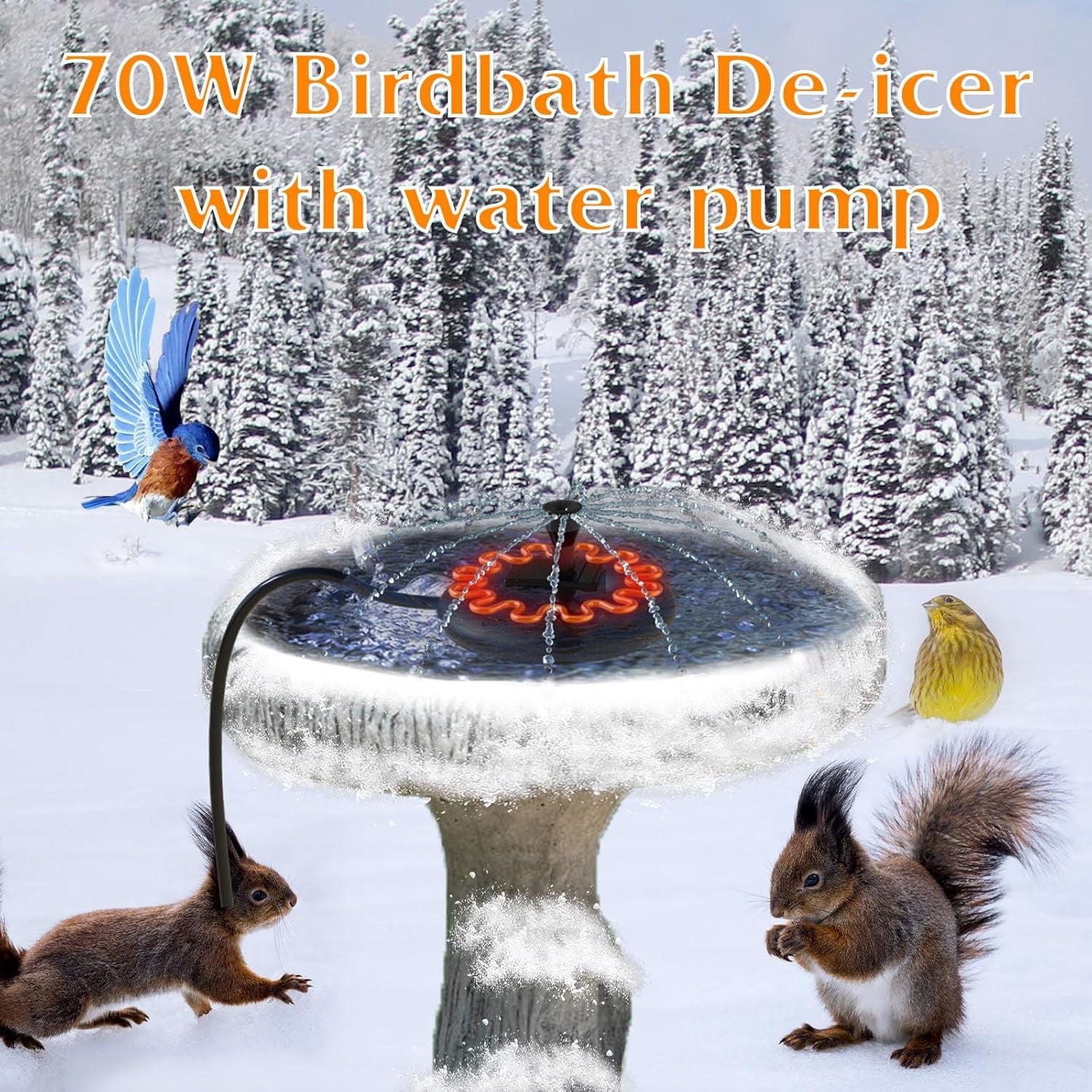 Bird Bath Heater for Outdoors with Water Pump, Deicer for Birdbaths with Thermostatically Controlled and 3.3ft Long Cord,Pond De-icer 70 Watts for Patio Yard Various Bird Baths