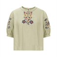 thumbnail image 5 of Women's Short Sleeve T-shirt Embroidered Tops For Women Floral Cotton Linen Tunic Tshirt Tee Women 3/4 Sleeve V Neck Button Boho Ethnic,Green Women's Short sleeve T-shirt XL, 5 of 6