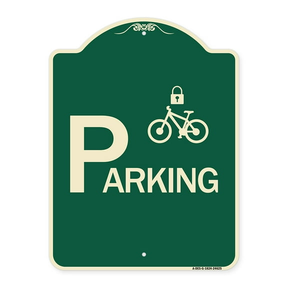 SignMission Designer Series Sign - Parking (With Cycle and Lock Symbol) | Green & Tan 18" x 24" Heavy-Gauge Aluminum Architectural Sign | Protect Your Business & Municipality | Made in