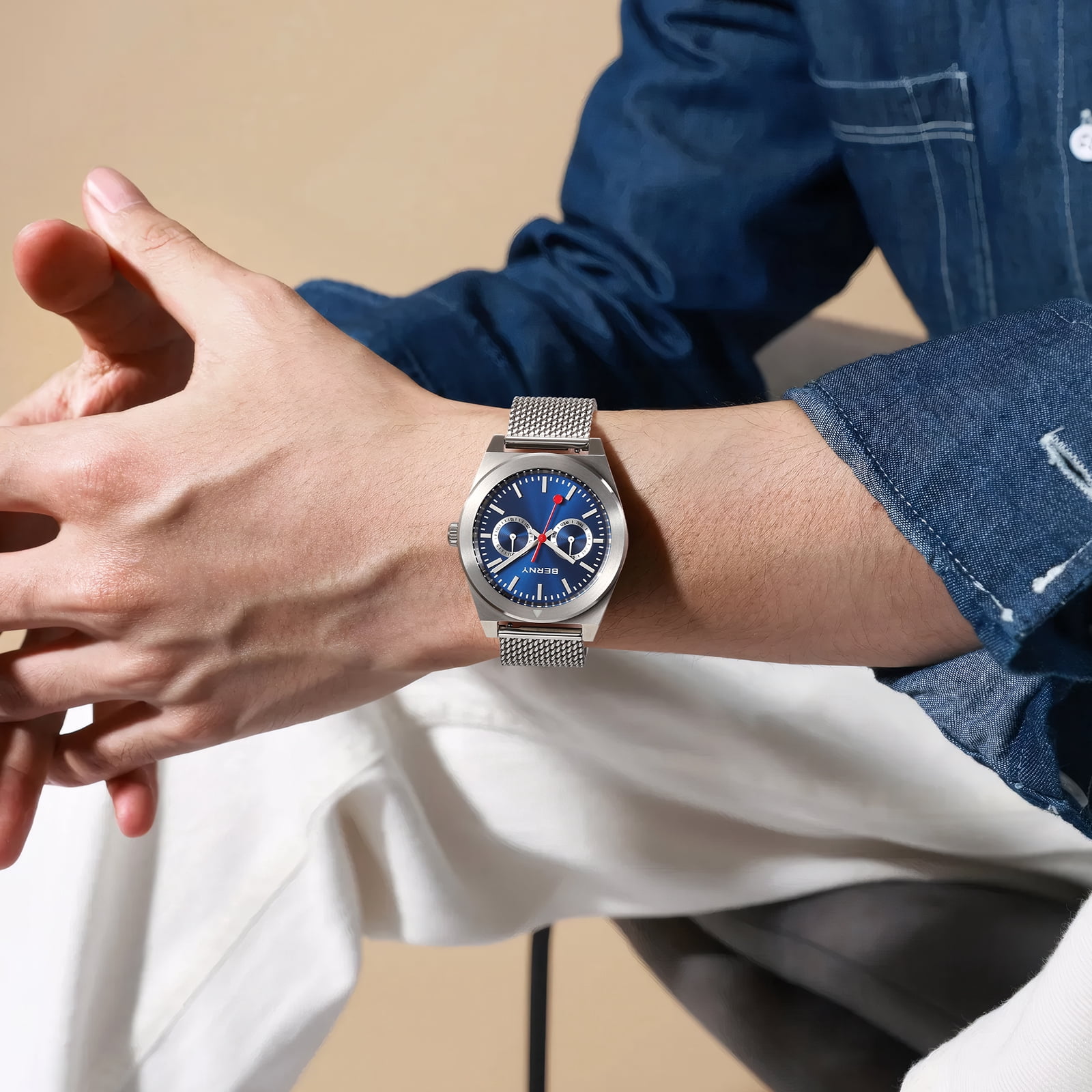 BERNY Silver Watch for Men, Classic Vintage Quartz Analog Watch with Day & Date Calendar, Stainless Steel Mesh Band, Luminous, Waterproof, Fashion Sport Casual Men's Wrist Watches (Blue)