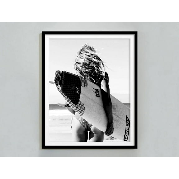 Black And White Surfer Print, Vintage Beach Wall Art, Surf Poster, Feminist Print, Teen Girl Wall Art, Maximalist Decor, ,Decor For Living Room Bedroom, 8x12 UNFRAMED