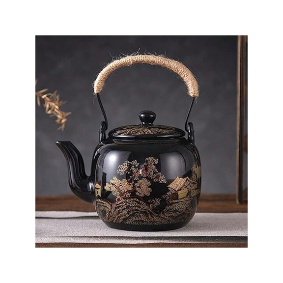 Traditional Japanese Tea Pot, Black Porcelain Chinese Teapot With Stainless Infuser, Beautiful Asian Teapot For Adults, Tea Lover/Women/Men (Countryside In Golden)