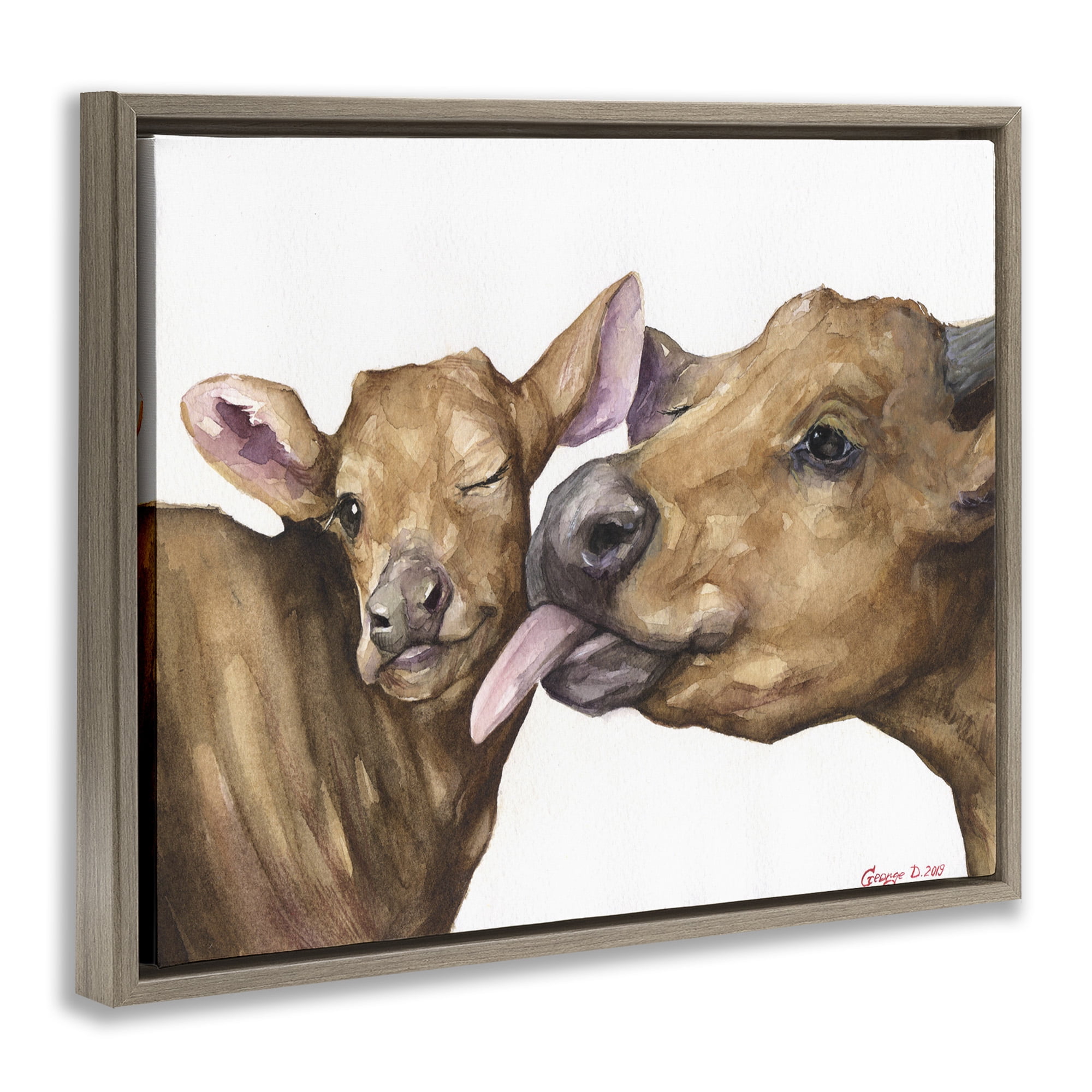 Stupell Industries Happy Cow Mother & Calf Animals & Insects Painting Brown Floater Framed Canvas Art Print Wall Art, 21 x 17