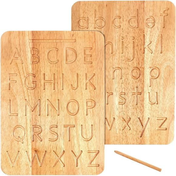 Tablero de rastreo del alfabeto de madera Montessori & Me Letras Montessori - Letras de madera - Letras de impresión grande para niños pequeños a preescolar - Mayúsculas y minúsculas reversibles