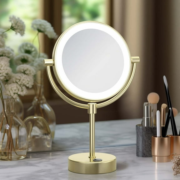 Kibi Circular LED Free Standing Magnifying Make Up Mirror - Brushed Gold