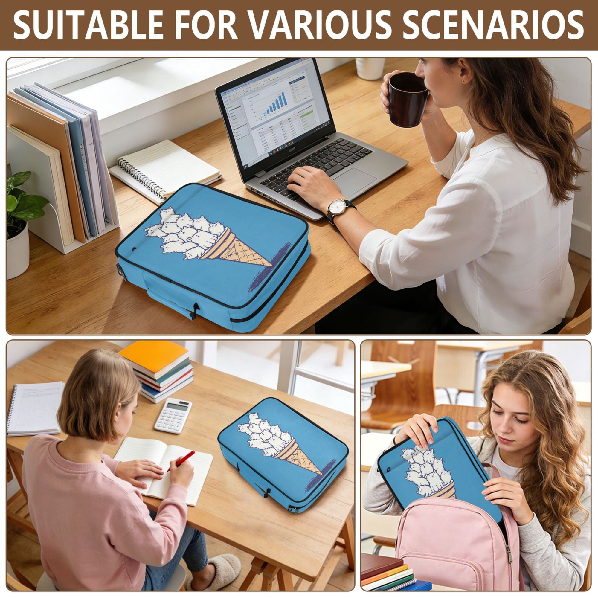 FORMRS Accordion File Folder A4 Size 7-Pocket Expanding Document Organizer Bag with 3 Ring Binder, Ice Cream Cat