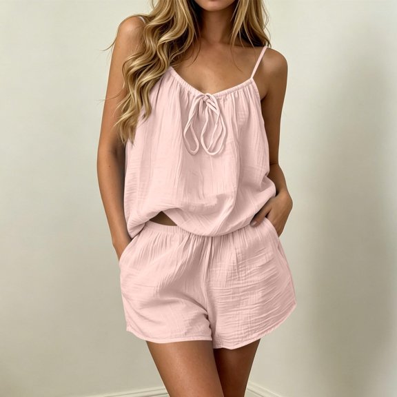 Pajamas for Women Set Women'S Cotton Casual Wear Shoulder Strap V Neck Top and Shorts Sleeveless Pleated Comfortable Breathable Cotton Linen Pajama Set