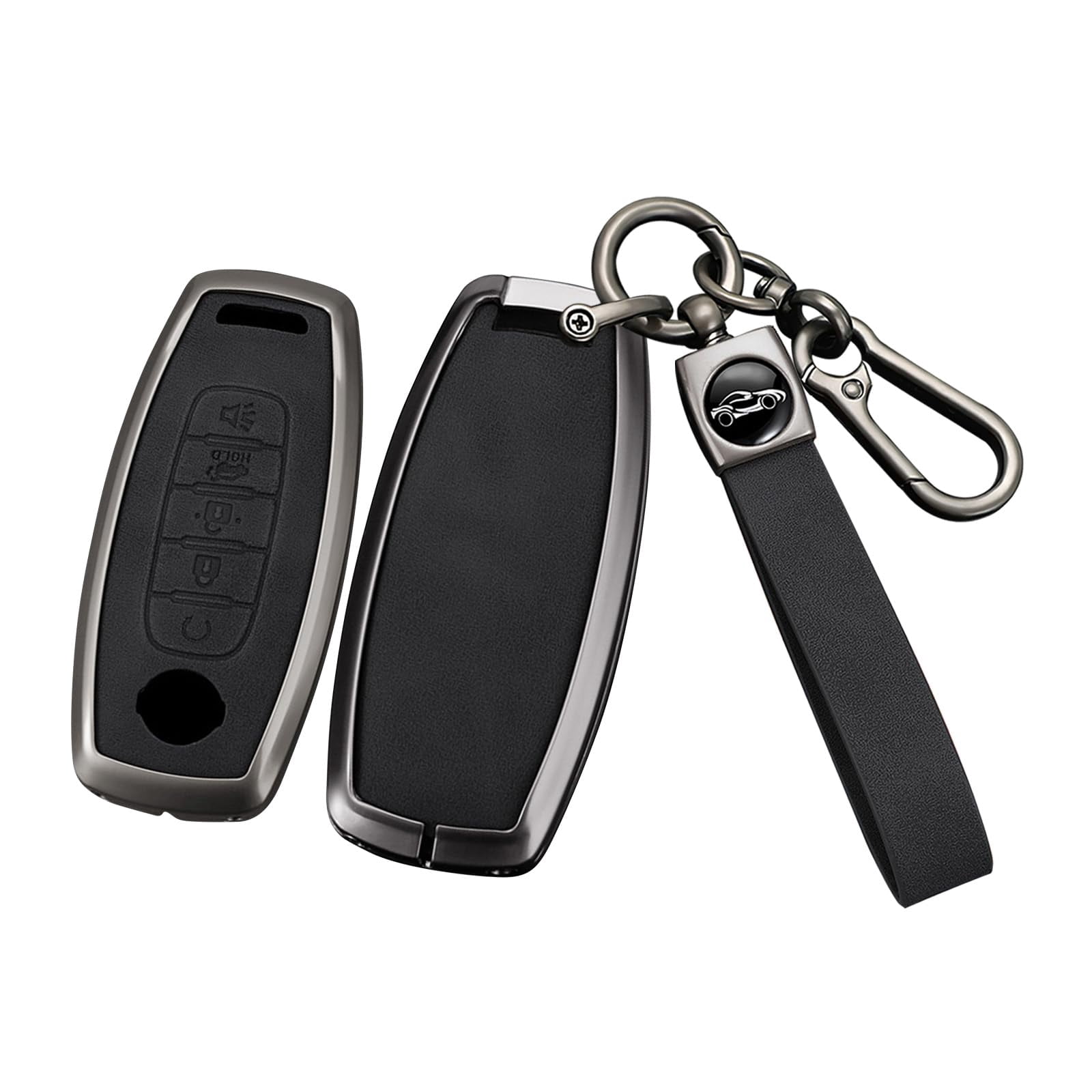 Metal Leather 5 Button Key Fob Cover Fit for Nissan Rogue 2024 2023 Pathfinder Versa Kicks Sentra Ariya Keyless Key Holder with Keychain