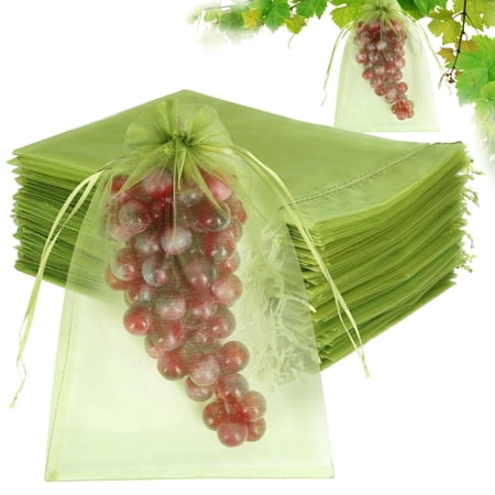 100pcs Fruit Protection Bags 6x9 inch, Green Netting Cover Bags Drawstring Mesh Fruit Protectors Pest Barrier for Tomato Mango Trees Veggies Garden