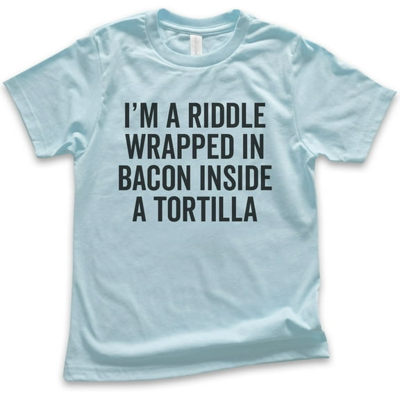 Kids I'm A Riddle Wrapped In Bacon T-shirt, Youth Kids Boy Girl T-Shirt, Bacon Shirt, Taco Shirt, Light Blue, Medium
