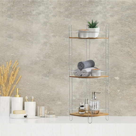 Evideco 3-Shelf Bamboo and Metal Wire Corner Shower Caddy, Adult, Hanging