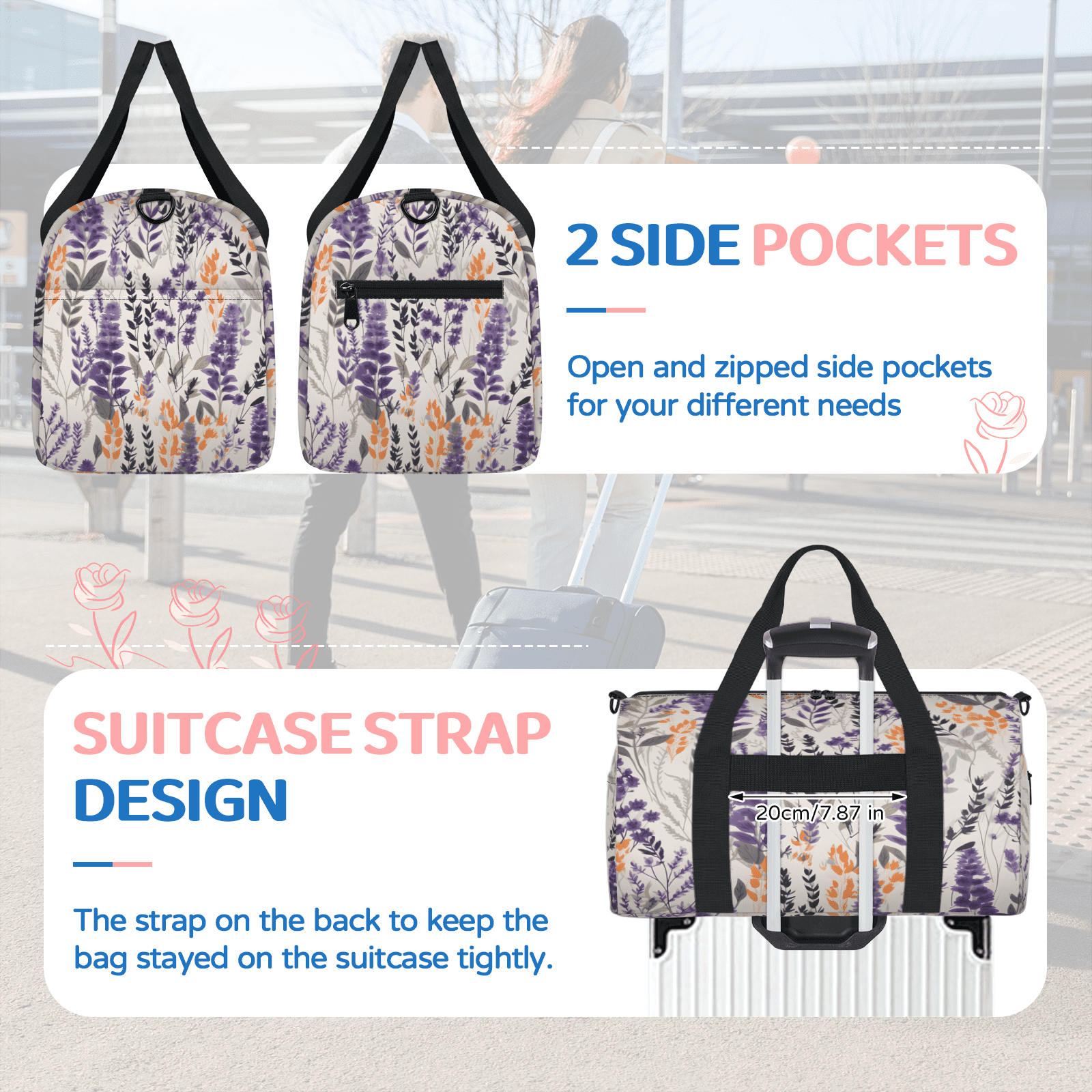 Herdesigns Floral Gym Bag for Women, Duffle Bag for Travel Sport, Lavender Lightweight Waterproof Carry on Weekender Dance Yoga Workout Bags