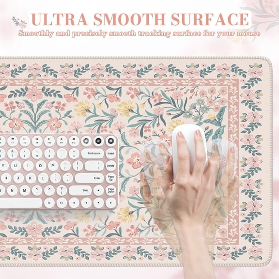 Floral Desk Mat, Desk Pad, XXL Large Mouse Pad, Anti-Slip Big Mousepad with Stitched Edges, Computer Mouse Pads for Desktop Decor, Cute Office Desk Accessories for Women