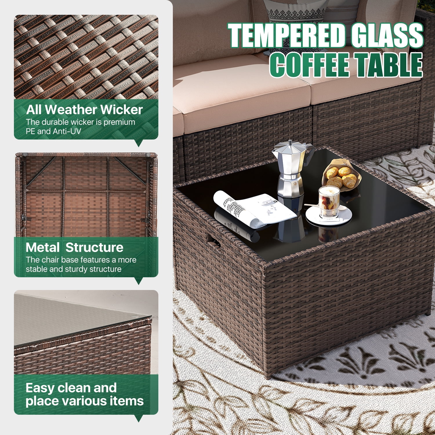 Clouddwell 7 Piece Patio Furniture Set Wicker Rattan Patio Conversation Set Outdoor Sectional Sofa Set with Coffee Table and Black Cushions(Waterproof Cover Included)