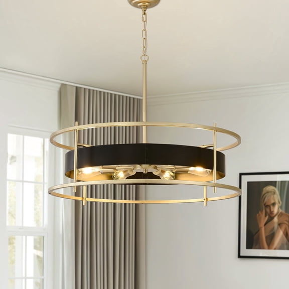31" Modern Black and Gold 8-Light Chandelier, Round Adjustable Pendant Light with 3 Chain Options for Dining Room Living Room Foyer Kitchen Island