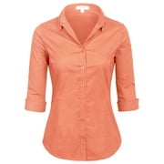 KOGMO Womens Classic Solid 3/4 Sleeve Button Down Blouse Dress Shirt (S-3X)