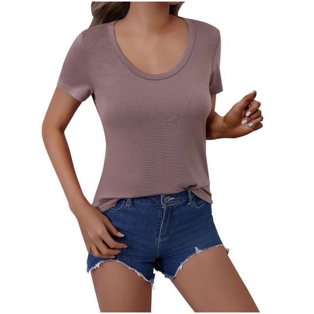Dealovy Going out Tops for Women Short Sleeve Scoop Neck T Shirts Solid Color Slim Fitted Crop Basic Tees