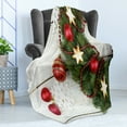 thumbnail image 4 of Christmas Soft Flannel Fleece Blanket, Nostalgic Noel Floral Wreath with Balls Ribbons on the Rustic Background Picture, Cozy Plush for Indoor and Outdoor Use, 70" x 90", Green Red, by Ambesonne, 4 of 5