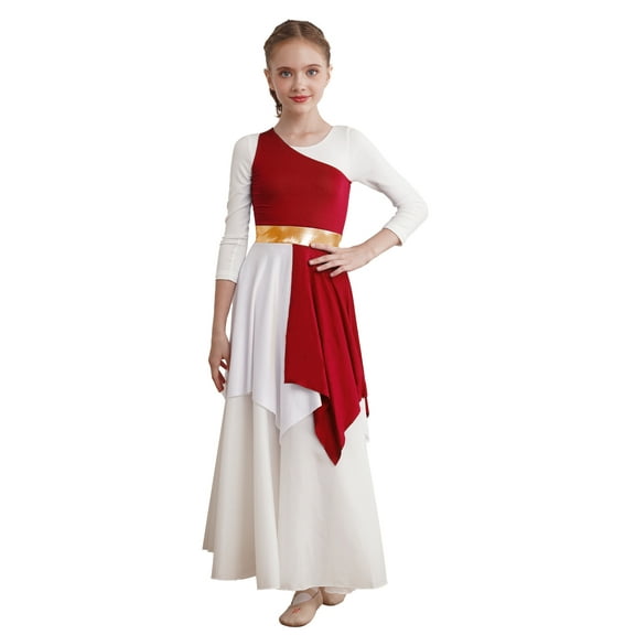 Miutii Kids Girls Liturgical Praise Lyrical Dance Dress Color Block One Shoulder Worship Church Dress Tunic Dancewear Burgundy 16