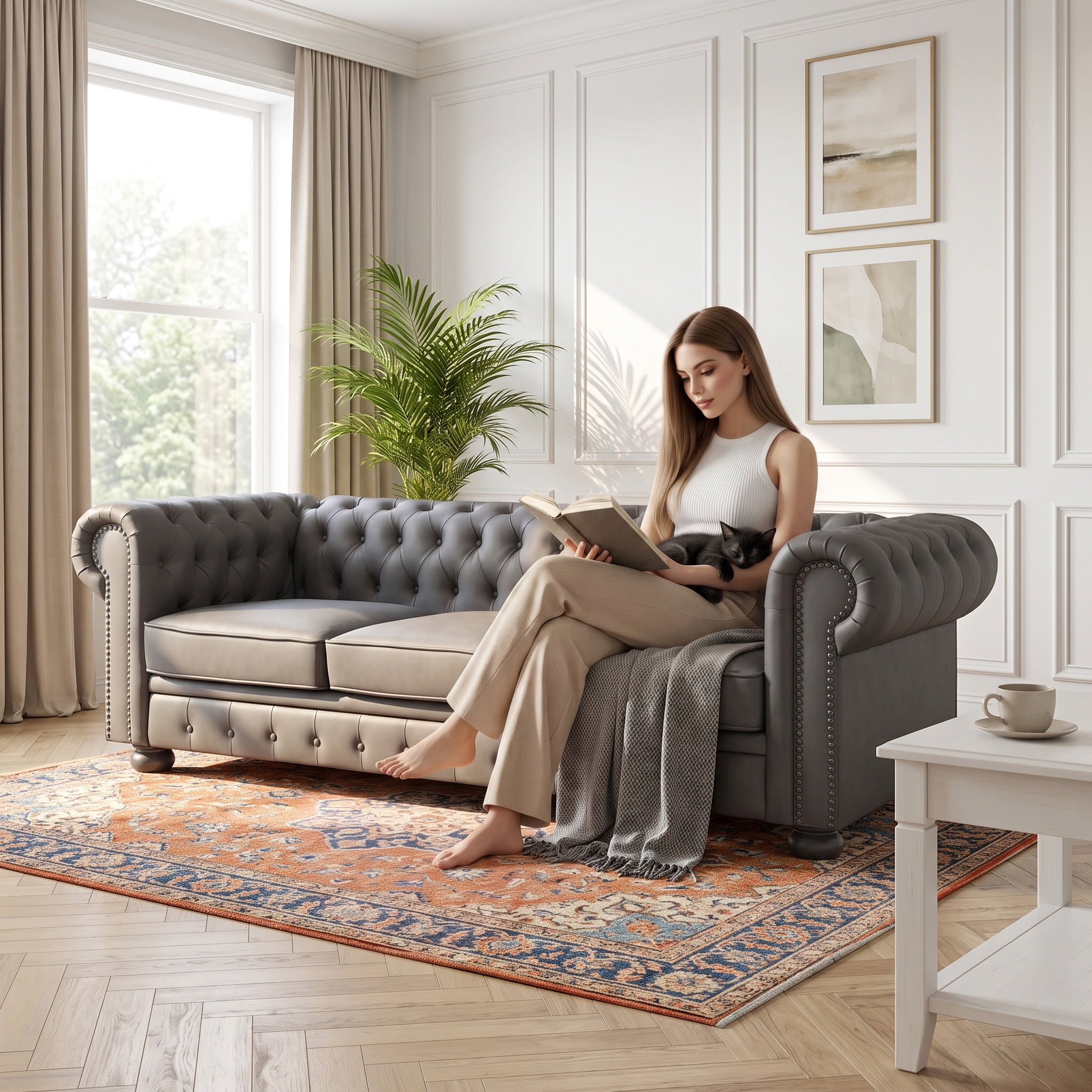 81" Dark Grey Chesterfield Faux Leather Sofa, Rolled Arm 3 Seater Couch, Button Tufted Back, Nailhead Trim, Individual Cushions, Solid Wood Legs for Living Room, Office, Apartment
