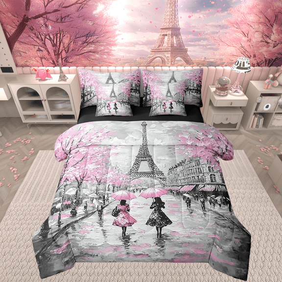 Erosebridal Pink Paris Eiffel Tower Bed in a Bag French Style Comforter Set with Sheets Couple Lover Flower 7 Piece Bedding Set Lightweight Romantic Valentine Bed Set Full Size
