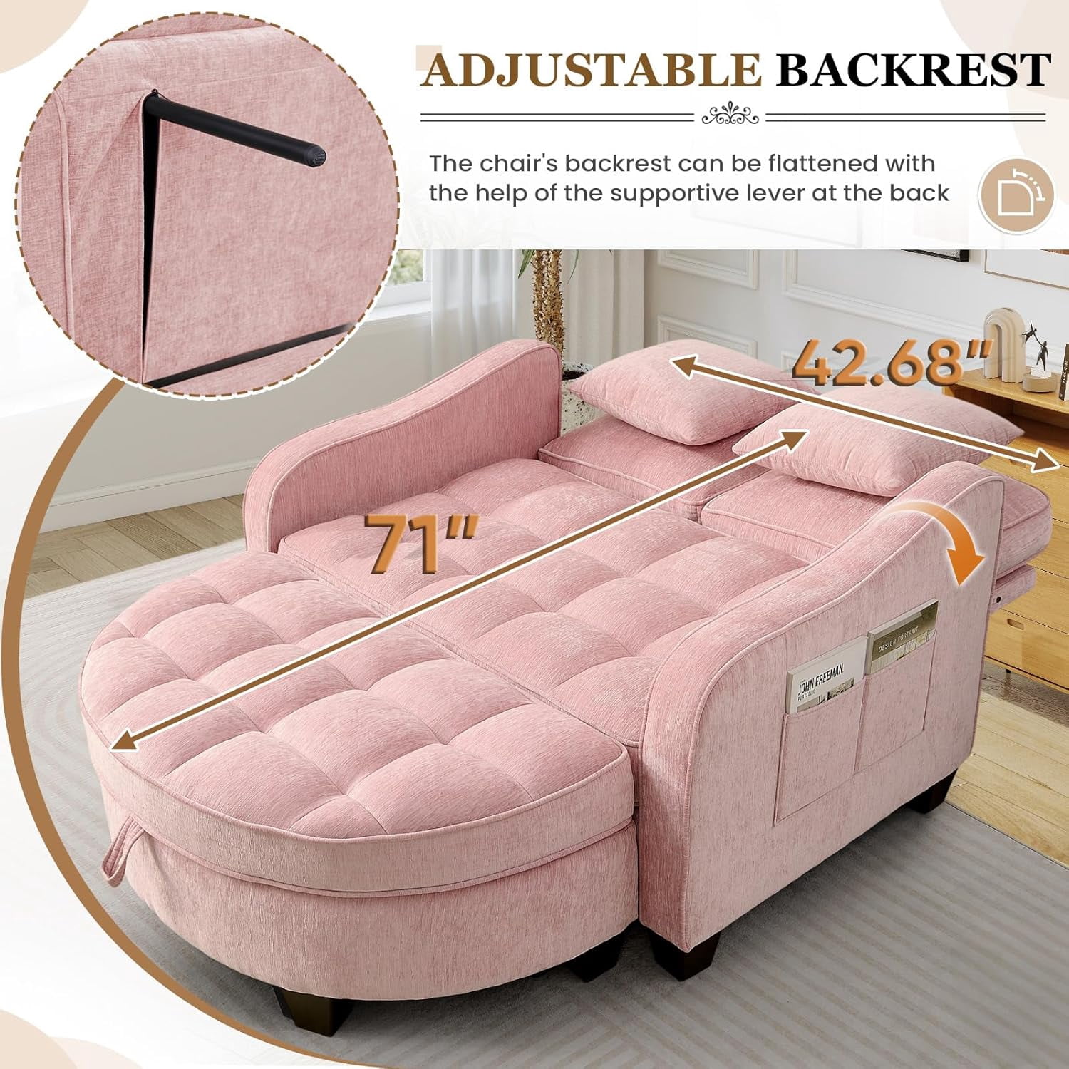 MOONMISS Oversized Chair and A Half, Chenille Tufting Accent Cozy Reading Sofa Chair with Storage Ottoman, Upholstered Loveseat Chaise Lounge Sofa with Adjustable Back for Living Room,Pink