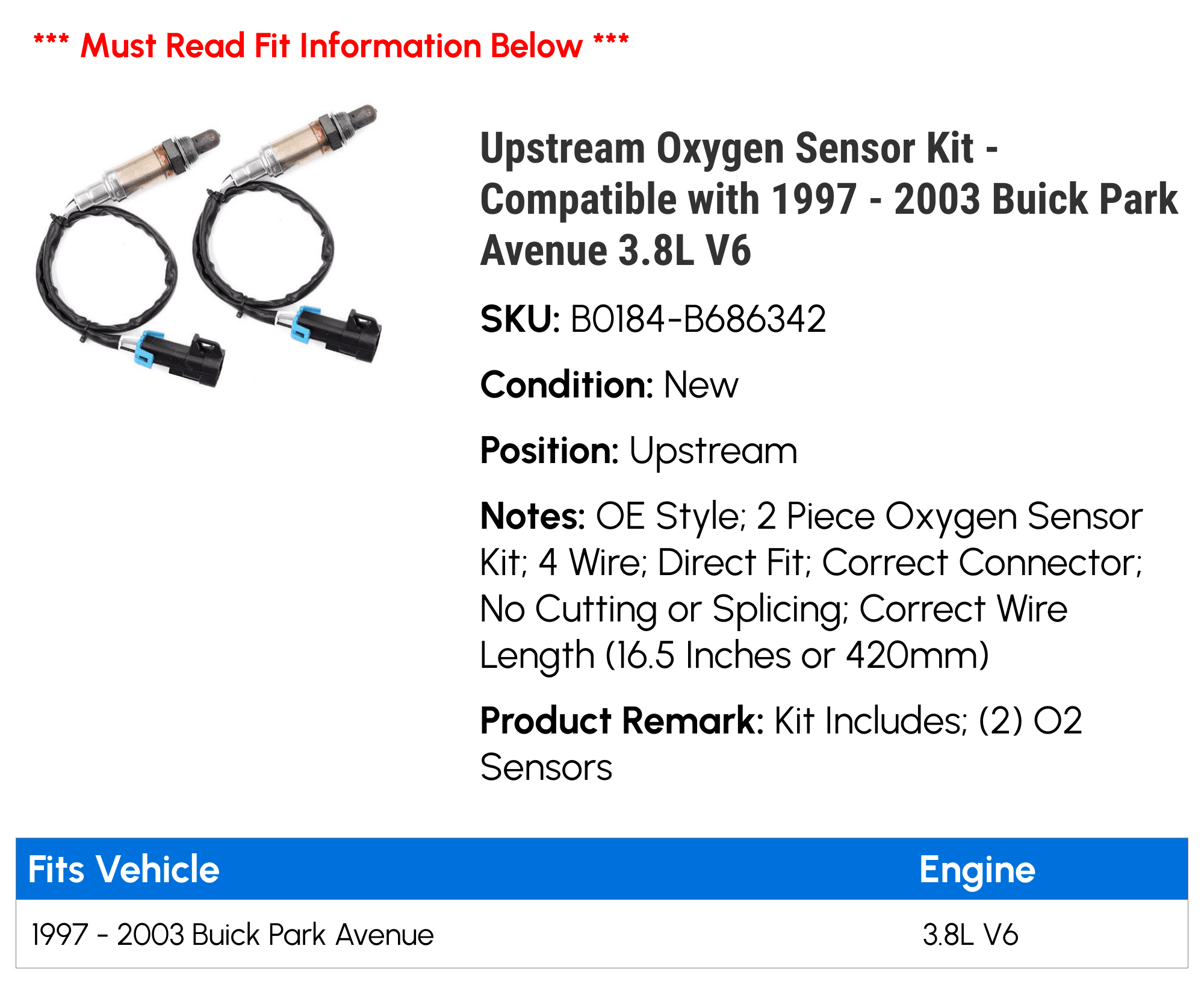 Upstream Oxygen Sensor Kit - Compatible with 1997 - 2003 Buick Park Avenue 3.8L V6 1998 1999 2000 2001 2002