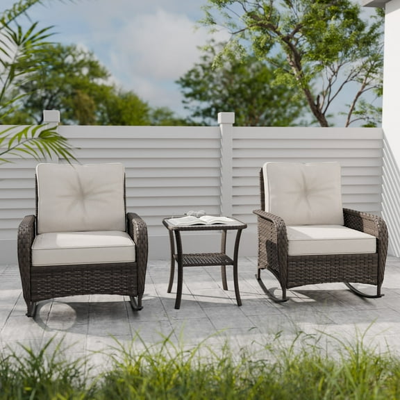 COOS BAY Patio Outdoor Wicker Rocking Chairs Set Rattan Rocker Chair with Beige Cushion and Tempered Glass Side Table