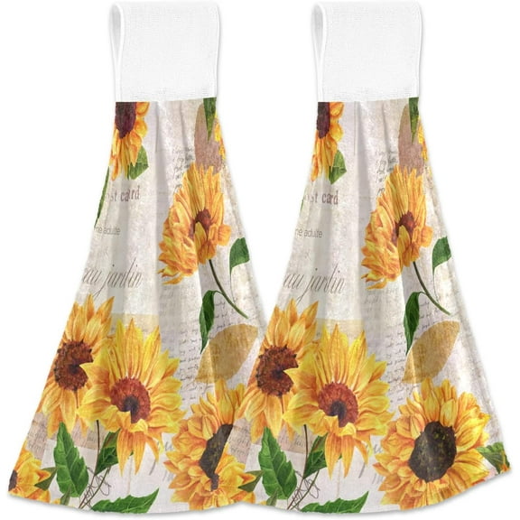 SKYSONIC Hanging Kitchen Towel 12 x 17 Inch Retro Golden Yellow Sunflower Towel Set 2 Pieces of Dry Towels for Kitchen, Bathroom, Laundry Room Table