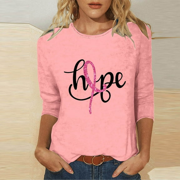Ounisa Breast Cancer Shirts for Women Pink Ribbon Breast Cancer T-Shirt Casual 3/4 Length Sleeve Round Neck Tops Pullover Blouse