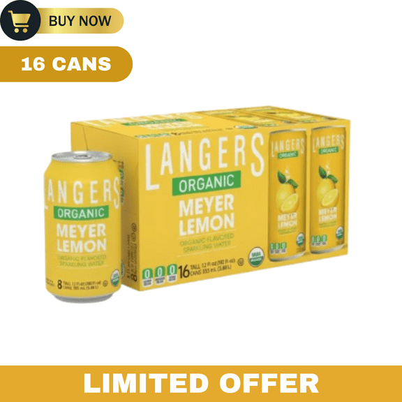 Langers Organic Sparkling Water, Meyer Lemon Flavor, 12 fl oz Cans, 16 Pack