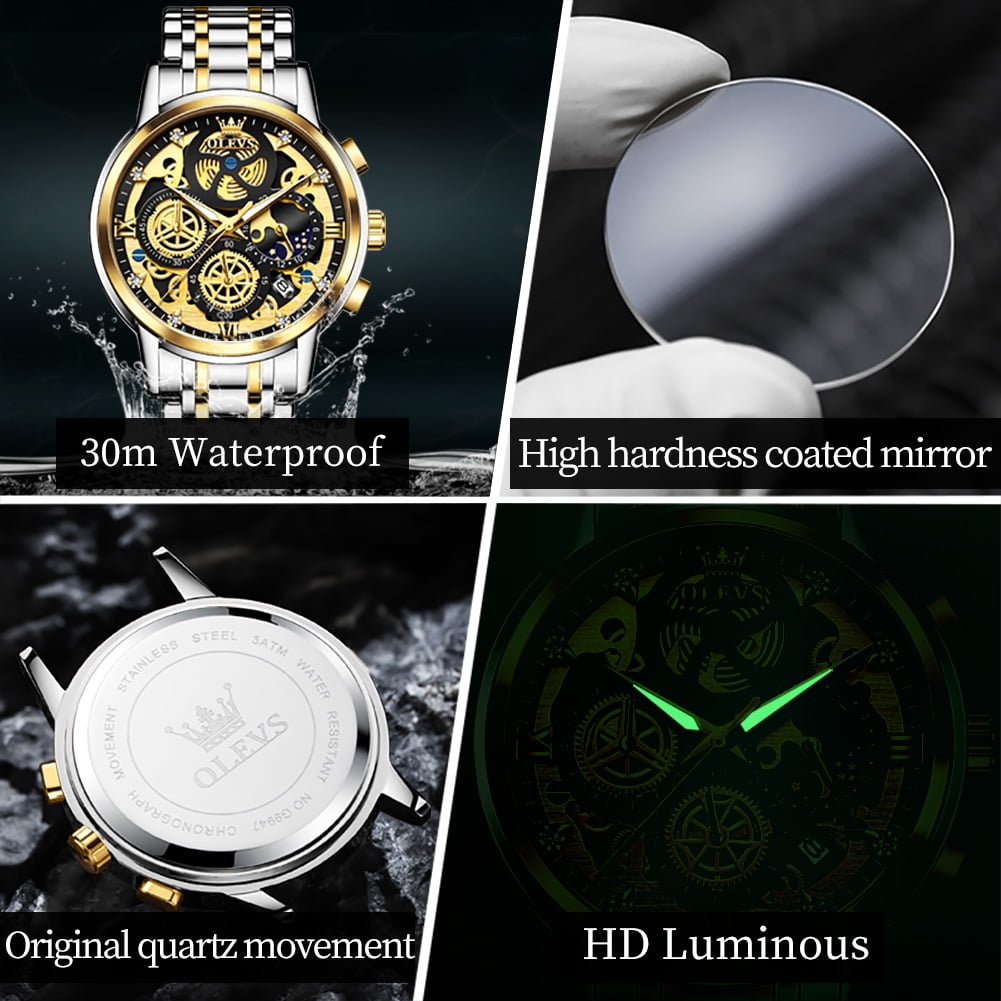 OLEVS Watches for Men Business Dress Luxury Analog Quartz Chronograph Two Tone Gold Plated Stainless Steel Waterproof Luminous Date Casual Mens Wrist Watches Reloj Para Hombre