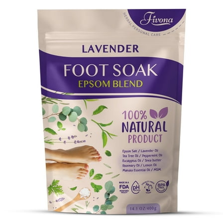 Fivona Foot Soak Blend Epsom Salt with Lavender 14.1 oz - Calming Foot Bath Salt, Relax & Renew Tired Feet, Soothe Soreness, Soften Calluses