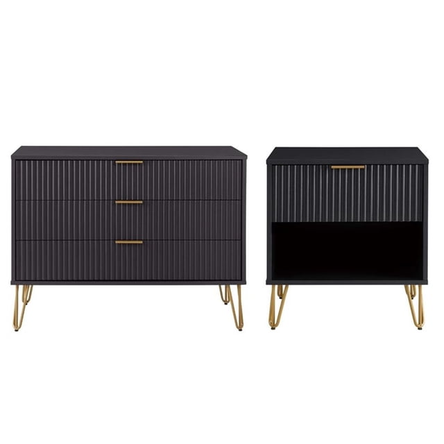 Pemberly Row Commode Standard 2 Pcs à 3 Tiroirs et Table de Nuit 1.0 en Noir