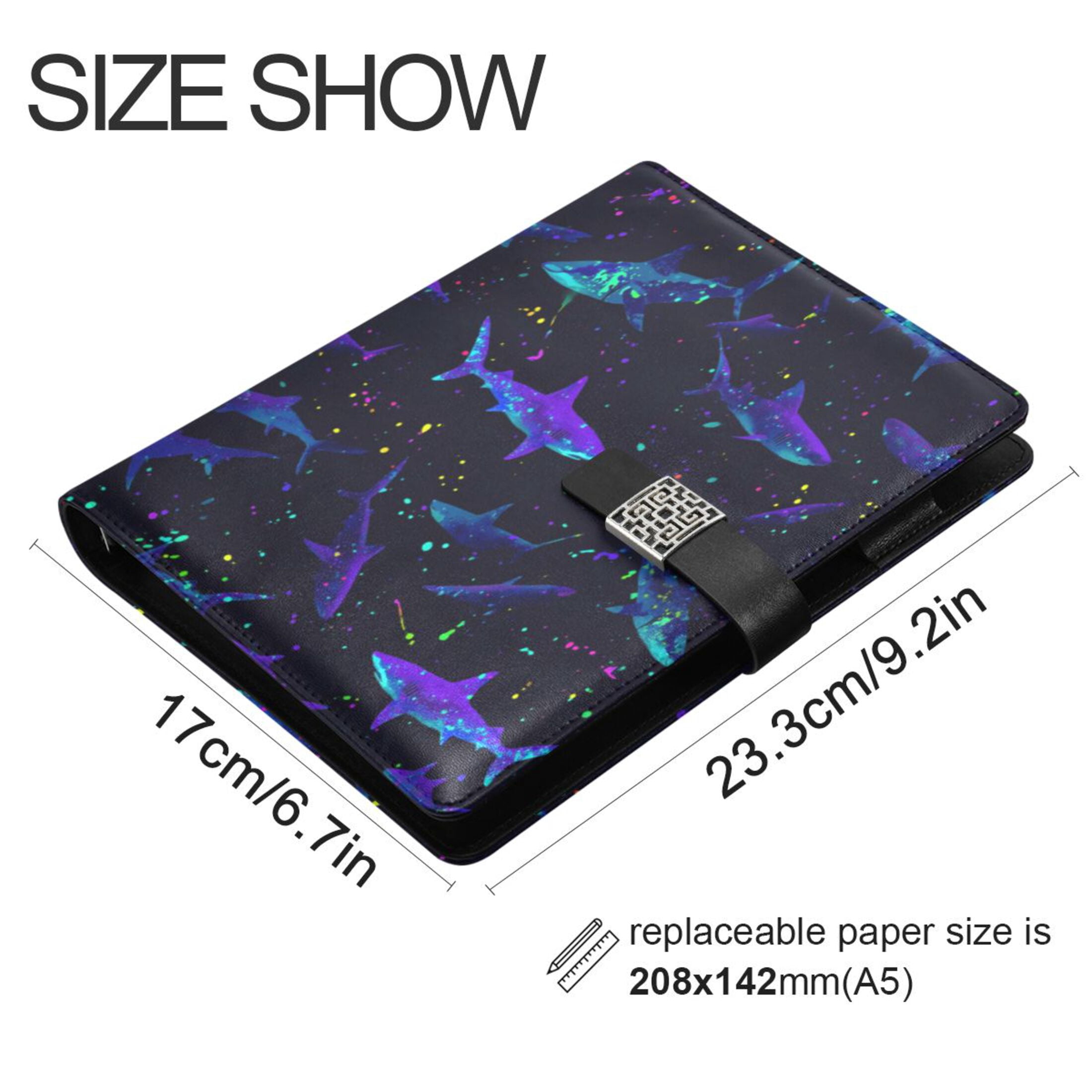 Leather Planner Leather Notebook Notebook Journal Binder Design Pen Pocket Design Convenient for Storage Powerful Shark Illustration