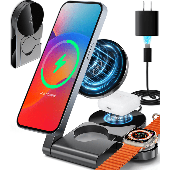 3 in 1 Wireless Charging Station Mag-Safe Fast Charging Station for Apple MagSafe Charger, with USB C Charger, Foldable Charging Magnetic Wireless Charger Stand, Space Aluminum Travel Charger