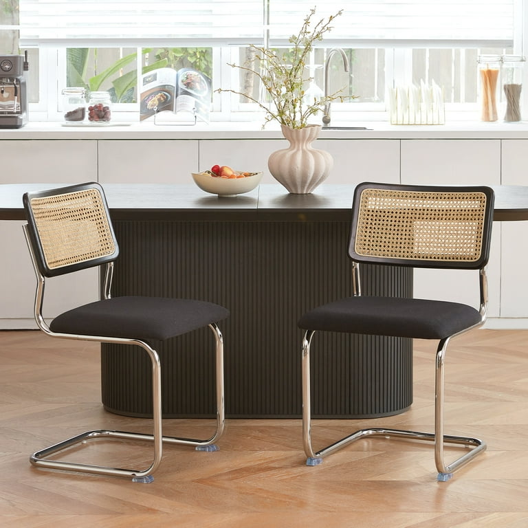 GrandNoor Black Chrome Rattan Dining Chairs,Wooden Mid-Century