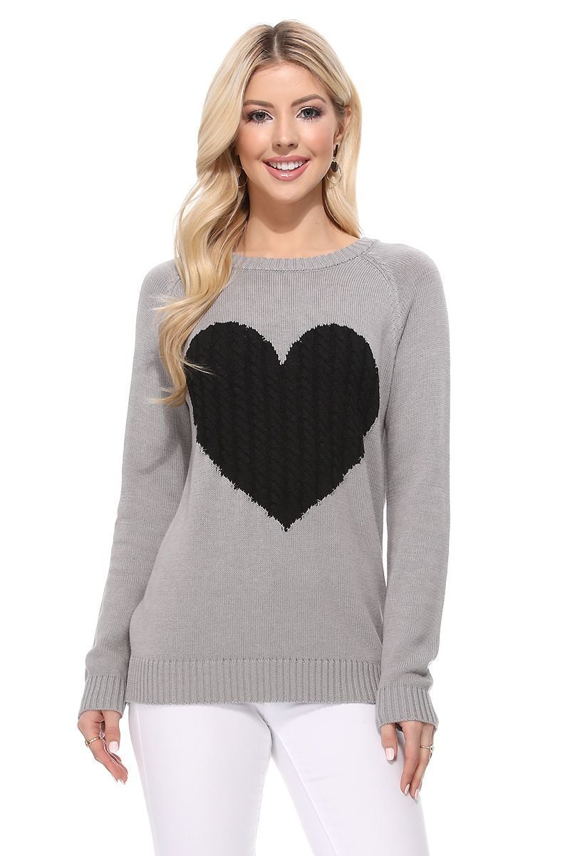 YEMAK Women's Pullover Sweater Long Sleeve Crewneck Cute Heart Cable ...